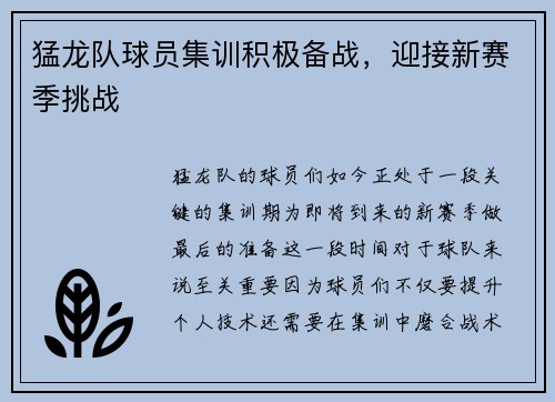 猛龙队球员集训积极备战，迎接新赛季挑战